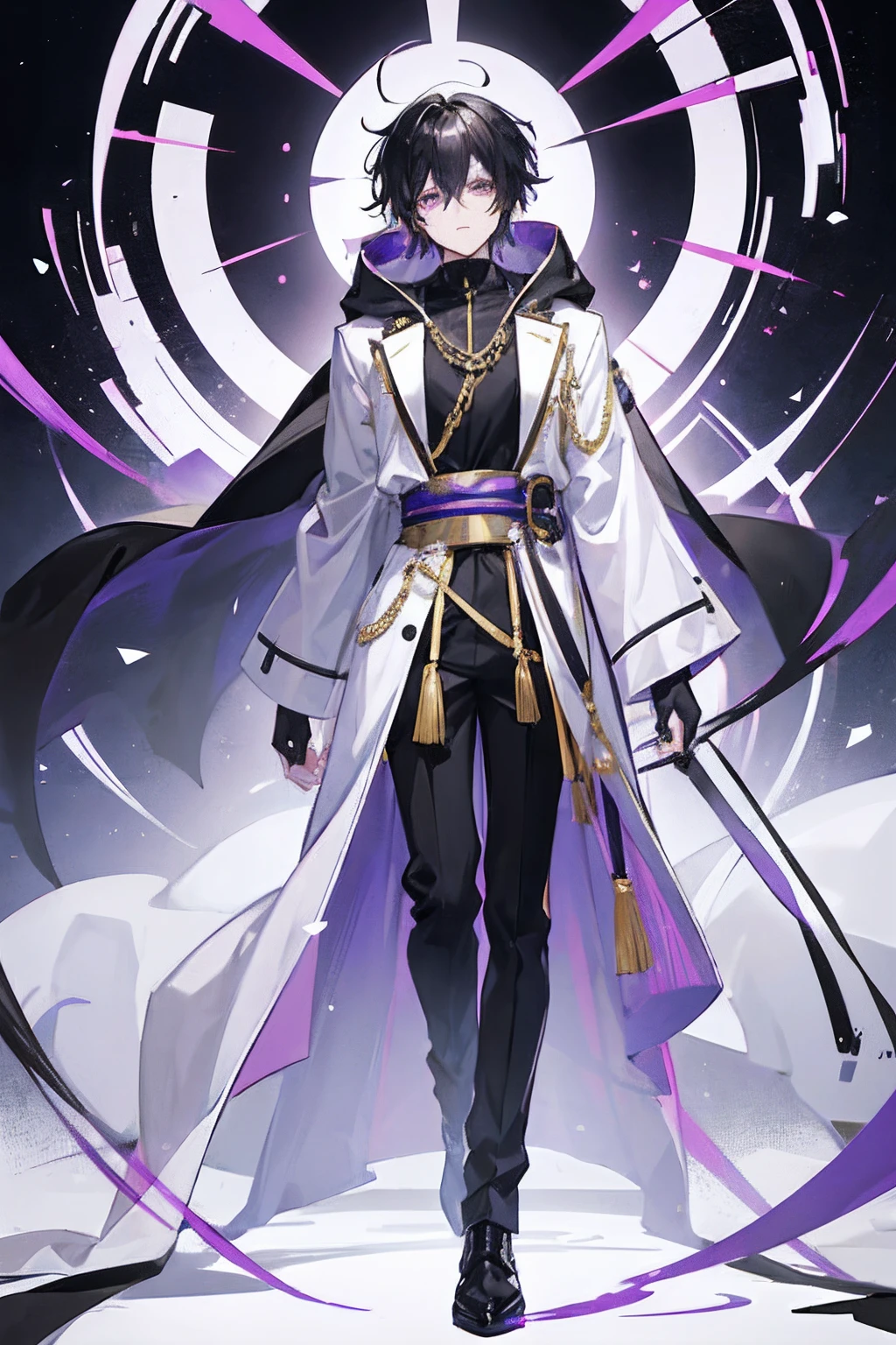 (1 boy), anime, anime guy, black messy hair, purple highlights, wearing a long, white, open coat, held in place by a black sash and had a black hood, black and gold outlining, and a golden chain fastened to its back, serious, 8k, tall, anime full body illustration,