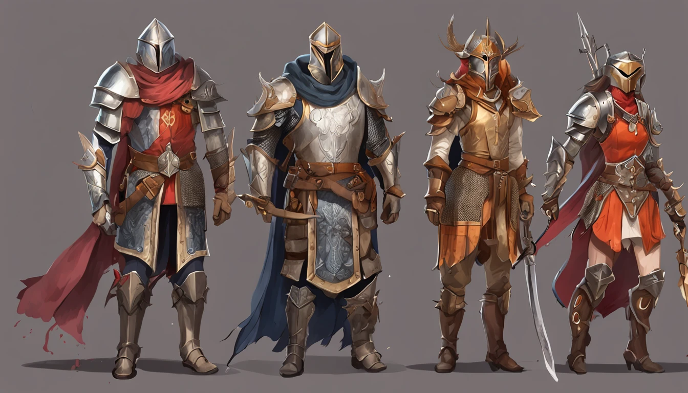 image of a group of people in different costumes, medieval armor and technology combination, medieval armored mask, medieval+technology, 8k character concept art, 8 concept art style, amazing 8k character concept art, functional style fashion, eyes