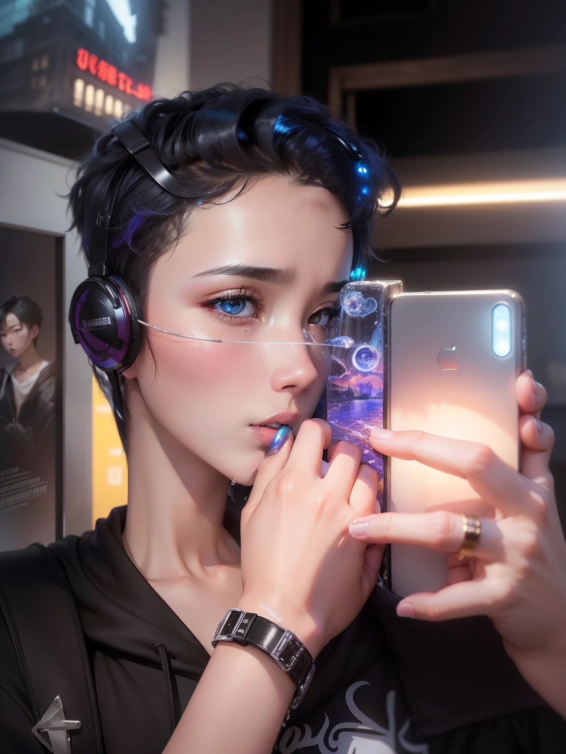 8K分辨率、((top-quality))、((​masterpiece))、((ultra-detailliert))、1 woman、独奏、incredibly absurdness、Oversized hoodies、headphones、Street、plein air、Sateen、neons、Shortcut Hair、Brightly colored eyes、Hands in pockets、shortpants、water dripping