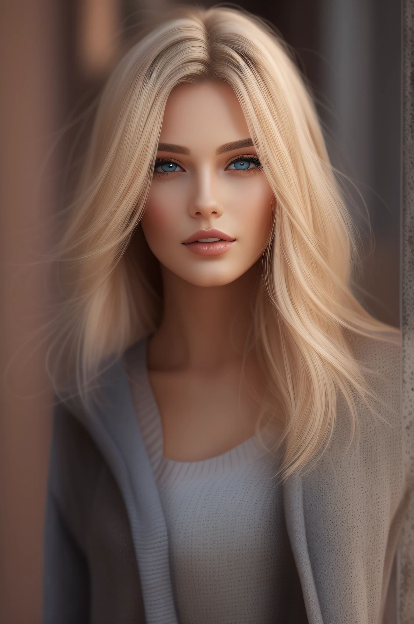 a woman with long blond hair, wearing casual clothes, walking in the city, realistic perfect face, beautiful woman face, glam make-up, dark eye make-up, dark brown hair and makeup, perfect face model, Arabella mist-splitter, perfect face ), beautiful lips:5 stylish, beautiful female face, attractive female face!!!, beautiful feminine face, beautiful makeup, perfect face!!