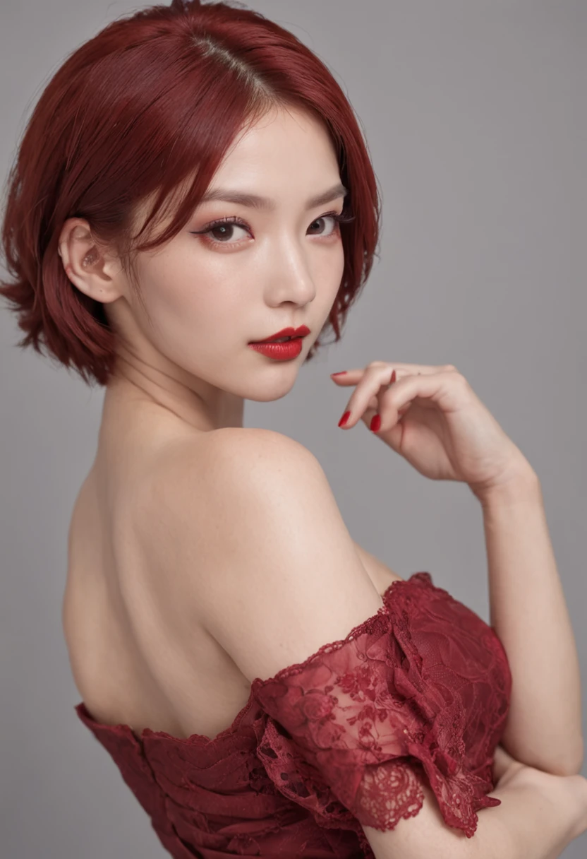((short haircut)), ((red hair color)), ((black mascara)), ((dark red lipstick)), ((starting from her left breast, her left arm has tattoos completely)), ((red sexy low-cut evening dress)), (((8k detail))), (((add detail))), (((huge breast))), korean ulzzang face