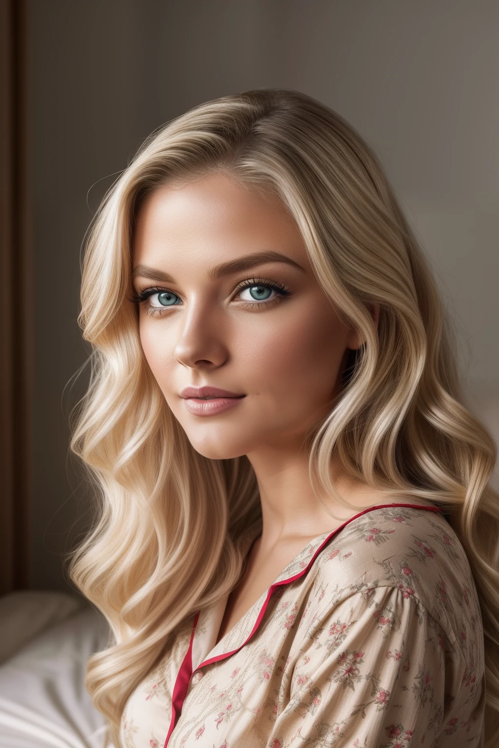 photo of young and beautiful woman, blonde hair that falls gently in waves up to the shoulders, average height, big green eyes, fair skin, she's in her pajamas, she's in her bed, doing skin care before bed, The environment is illuminated with lights of warm and pleasant colors making your hair shine, your face is naturally serene, lips with red lipstick, Texture 8K, highly detailed, realistic, soft Cinematic Light, HDR, sharp fokus, masterpiece, photorealistic, photography award-winning, Canon EOS R5, 35mm