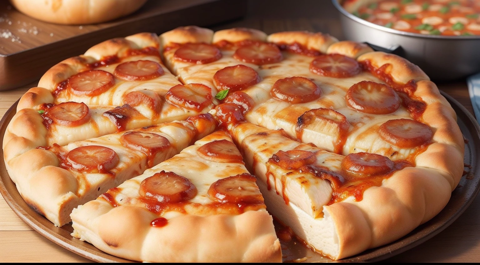 Crie uma imagem de close-up de uma pizza de frango com barbecue, emphasizing the juicy pieces of grilled chicken and barbecue sauce spread evenly.