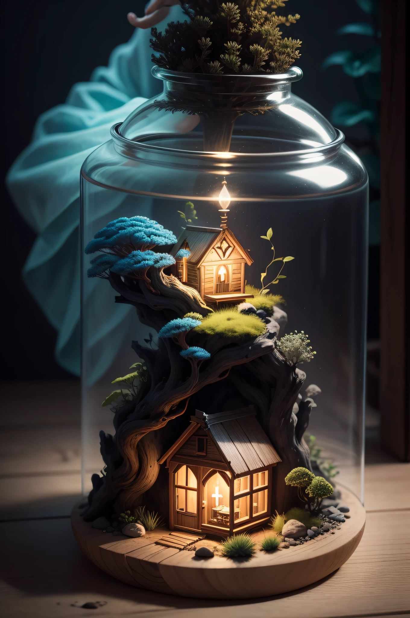 at night, an amazing woman hold  a small glass jar with a bioluminescent hut inside this