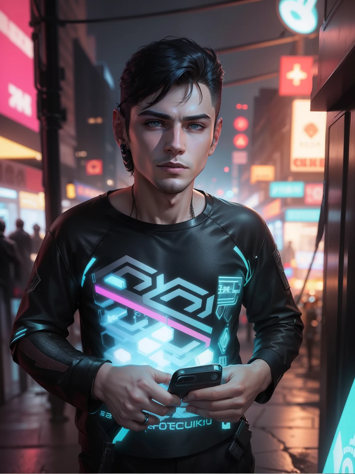 Change background cyberpunk handsome boy, realistic face,8k , ultra realistic, change phone in hand