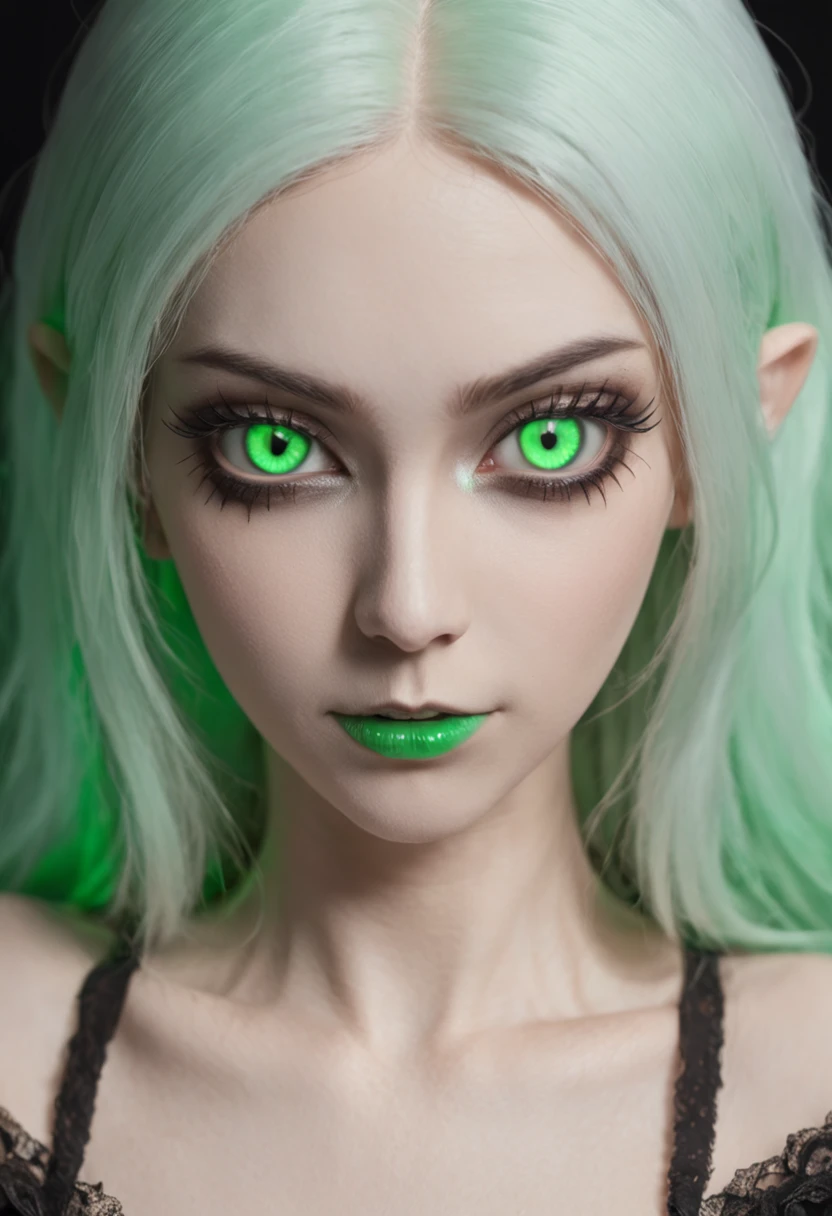 a close up of a person with green eyes, portrait of a goth catgirl, gothic maiden anime girl, attractive cat girl, jade colored eyes, accurate green eyes, very detailed emerald green eyes, beautiful necromancer girl, glowing green neon eyes, very beautiful anime cat girl, doja cat as cat woman, black and green eyes