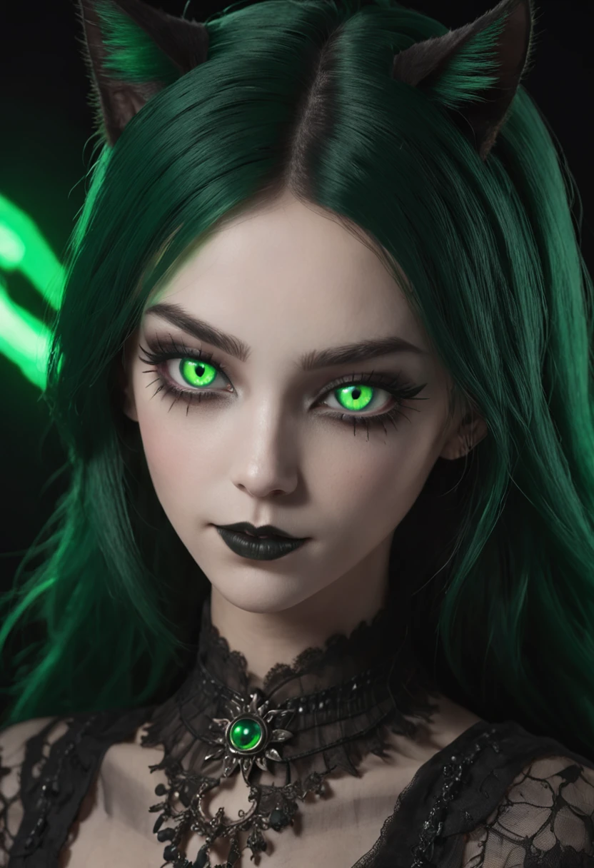 a close up of a person with green eyes, portrait of a goth catgirl, gothic maiden anime girl, attractive cat girl, jade colored eyes, accurate green eyes, very detailed emerald green eyes, beautiful necromancer girl, glowing green neon eyes, very beautiful anime cat girl, doja cat as cat woman, black and green eyes