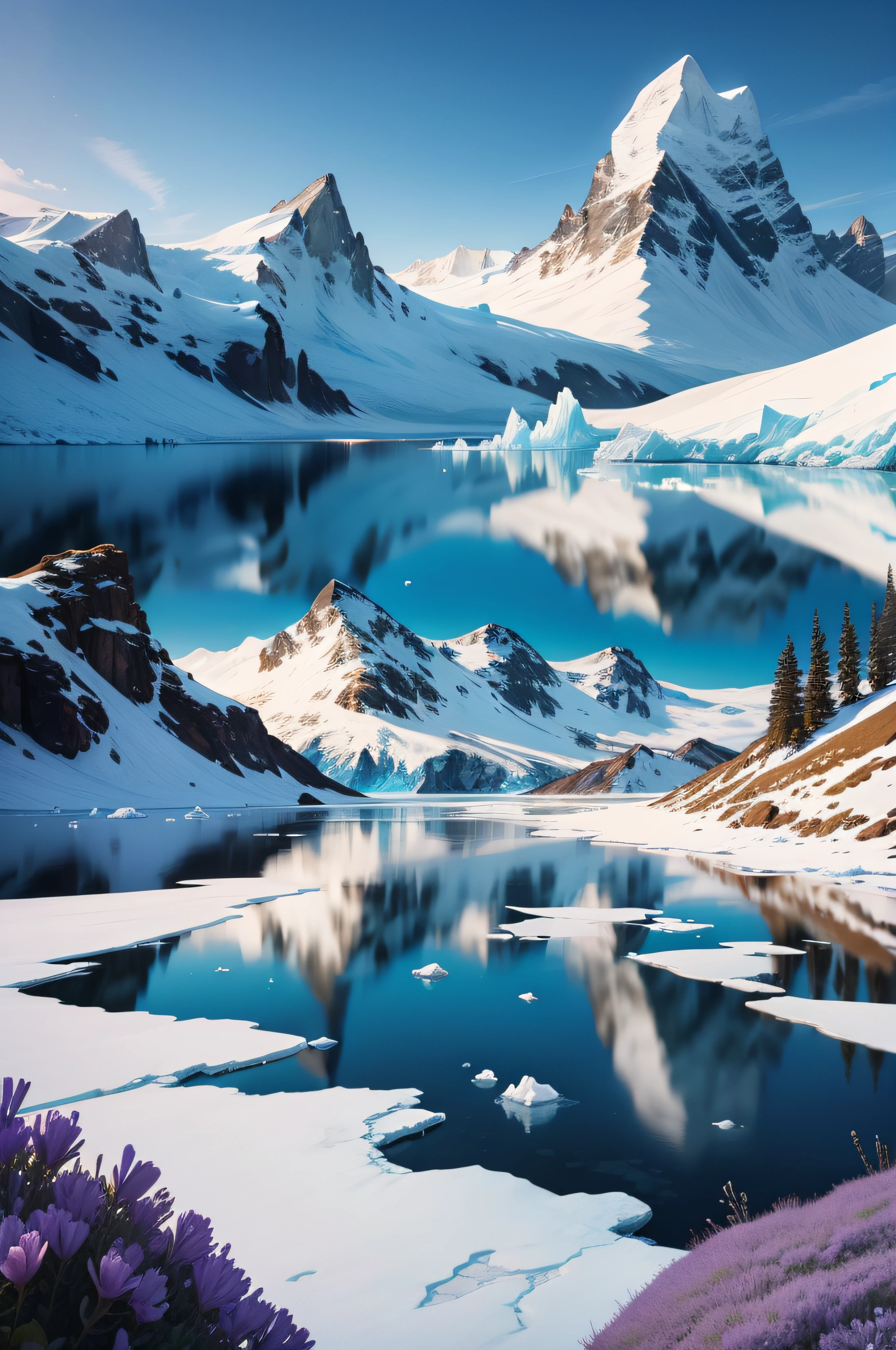 A beauty stands in the foreground of purple flowers in a body of water,The background is an iceberg, antarctica, icy mountains in the background, South Pole, flowers in foreground, Incredibly beautiful, Breathtaking landscapes, Icebergs, Stunning scenery, Beautiful nature, luminist polar landscape, Beautiful scenery, beautiful flowers and crystals, A keen attention to the landscape, antarctic mountains, ice and glaciers, Beautiful environment,