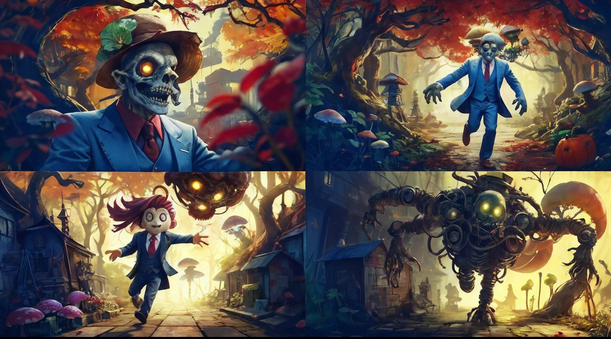 A man with long hands and legs, dressed in a suit, It's an eyeless monster in the Moon Factory, Very scary and supernatural，Ghost painting，Bizarre encounters,Magic by，Creepy doll,Sinister shadows,Demon-possessed,The Cursed Mirror，Prank activity,Zombie apocalypse,Horrible cemetery,Blood Moon，Close-up of a bunch of mushrooms in the forest, mushroom city, Mushroom forest, cyber mushroom city, mushroom house, himawari，Pomegranate flowers，pumpkins，Lotus leaf，rosette