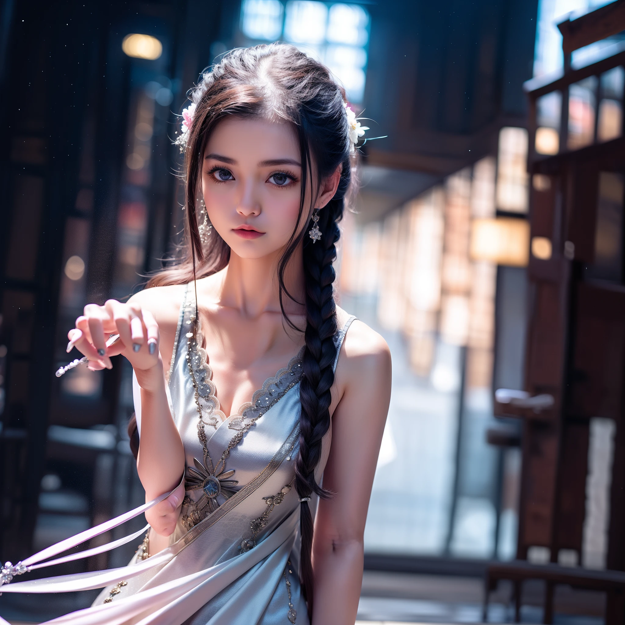 ((top-quality、8k、masterpiece:1.3))、foco nítido:1.2、Beautiful woman with perfect body shape:1.4、Slender abs:1.2、((Silver hair、huge-breasted:1.4))、(wearing a swimming wear、Jean:1.1)、Urban area:1.2、Highly detailed facial and skin texture、A detailed eye、二重まぶた