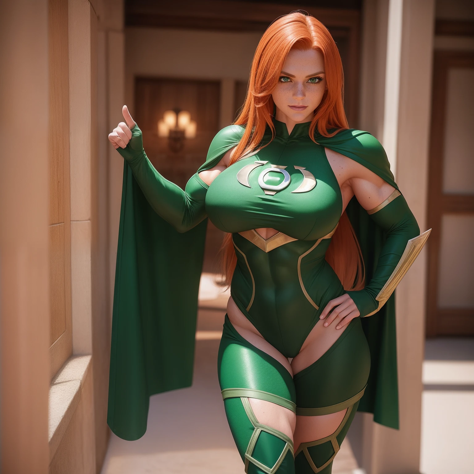 Redhead Green Lantern Cosplay Female, realistic, incredibly detailed, 8k resolution, freckles, cheerful smile, intricate cosplay, full body picture, muscular, defined abs, muscular calves, big bicep, beautiful face, detailed face, huge breast, freckles, muscular body, really long hair, tall woman, broad shoulders, extremely muscular, full body picture, young face, green eyes, big butt, soft skin, realistic face, defined abs, Amazonian body, green boots, cape, extremely muscular abs, green lantern ring