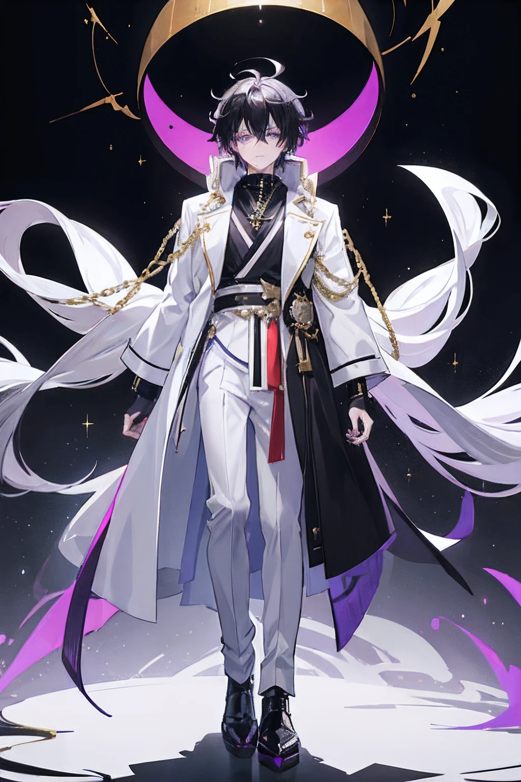 (1 boy), anime, anime guy, black messy hair, purple highlights, wearing a long, white, open coat, held in place by a black sash and had a black hood, black and gold outlining, and a golden chain fastened to its back, serious, 8k, tall, anime full body illustration, standing in front of black hole,