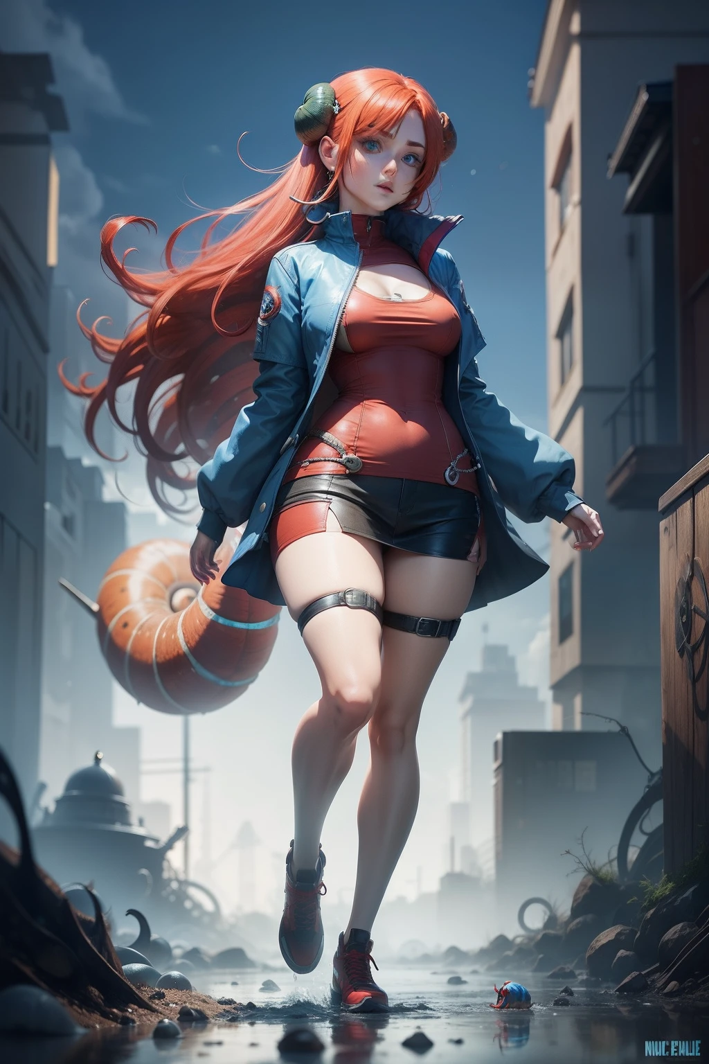 blue eyes, full body, red hair, snail in human form, anime girl