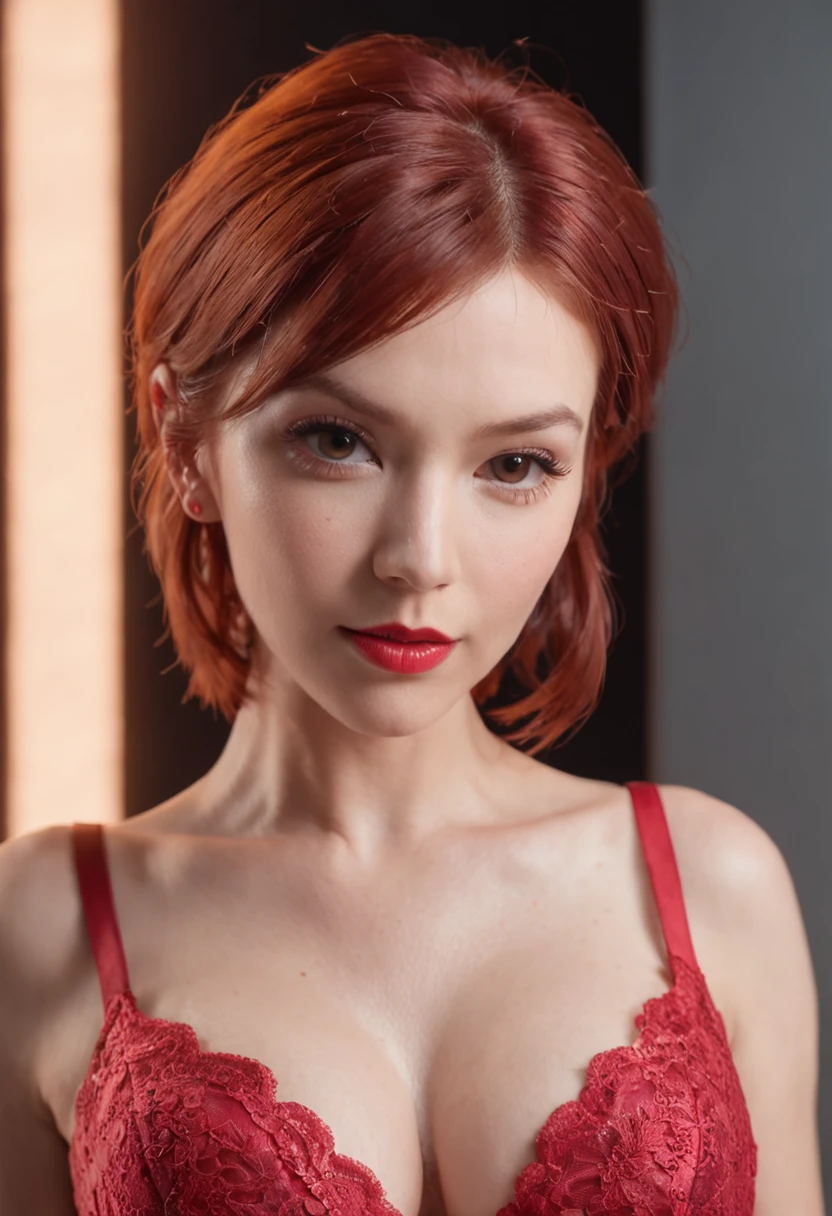 ((((short red hair)))), ((((beautiful face)))), (((1 girl))), (((huge breast))), ((((wearing a sexy red party dress)))), ((((breast cleavage)))), ((((night club)))), ((((lighting)))), (((party lighting))), ((((cute face)))), ((((Pink lips))))