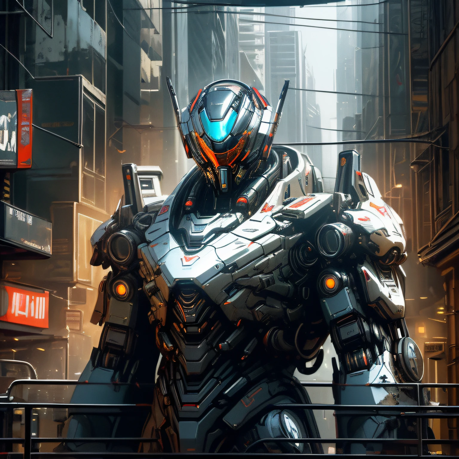 Dark_Fantasy,Cyberpunk, (Best quality, Masterpiece),white,1man,Mechanical marvel,Robotic presence,Cybernetic guardian,wearing a cybernetic jacket,city, highest quality digital art, Stunning art, wallpaper 4k, highly detailed, military robot,army, warzone,black and white, highest quality digital art, Stunning art, wallpaper 4k,8k,64k, HD, unparalleled masterpiece, dynamic lighting, cinematic, epic, damaged mechanical parts