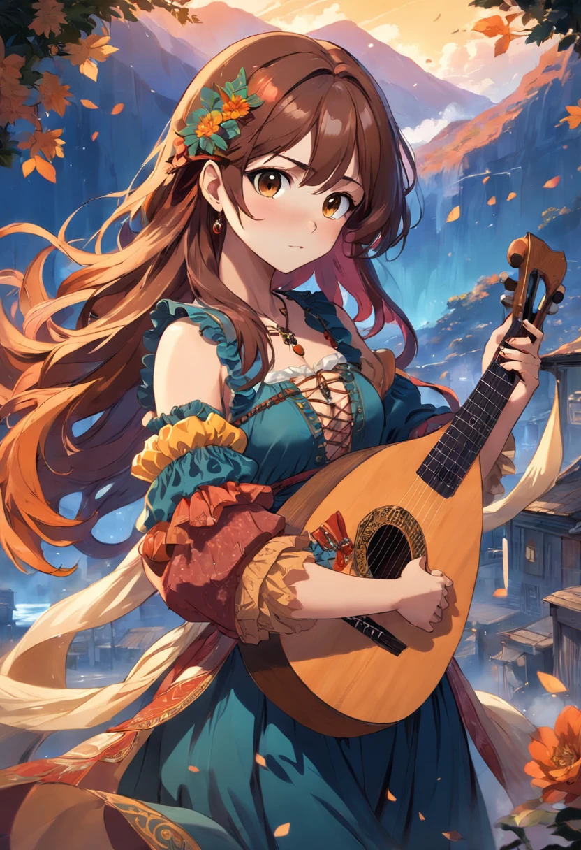 Gypsy brown woman with colored hair holding a lute