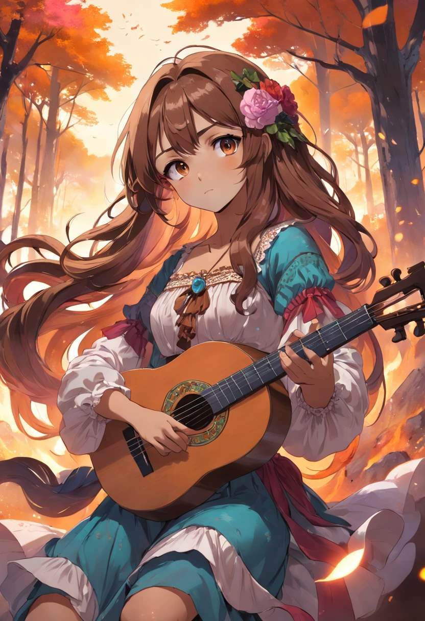 Gypsy brown woman with colored hair holding a lute