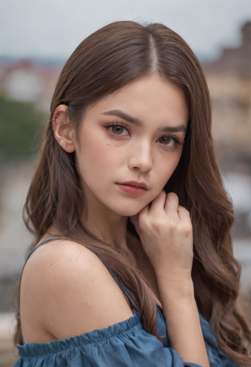 Against the backdrop of the city of Colombia、Beauty with long hair、20yr old、colombian woman、Grumpy face、Kamimei