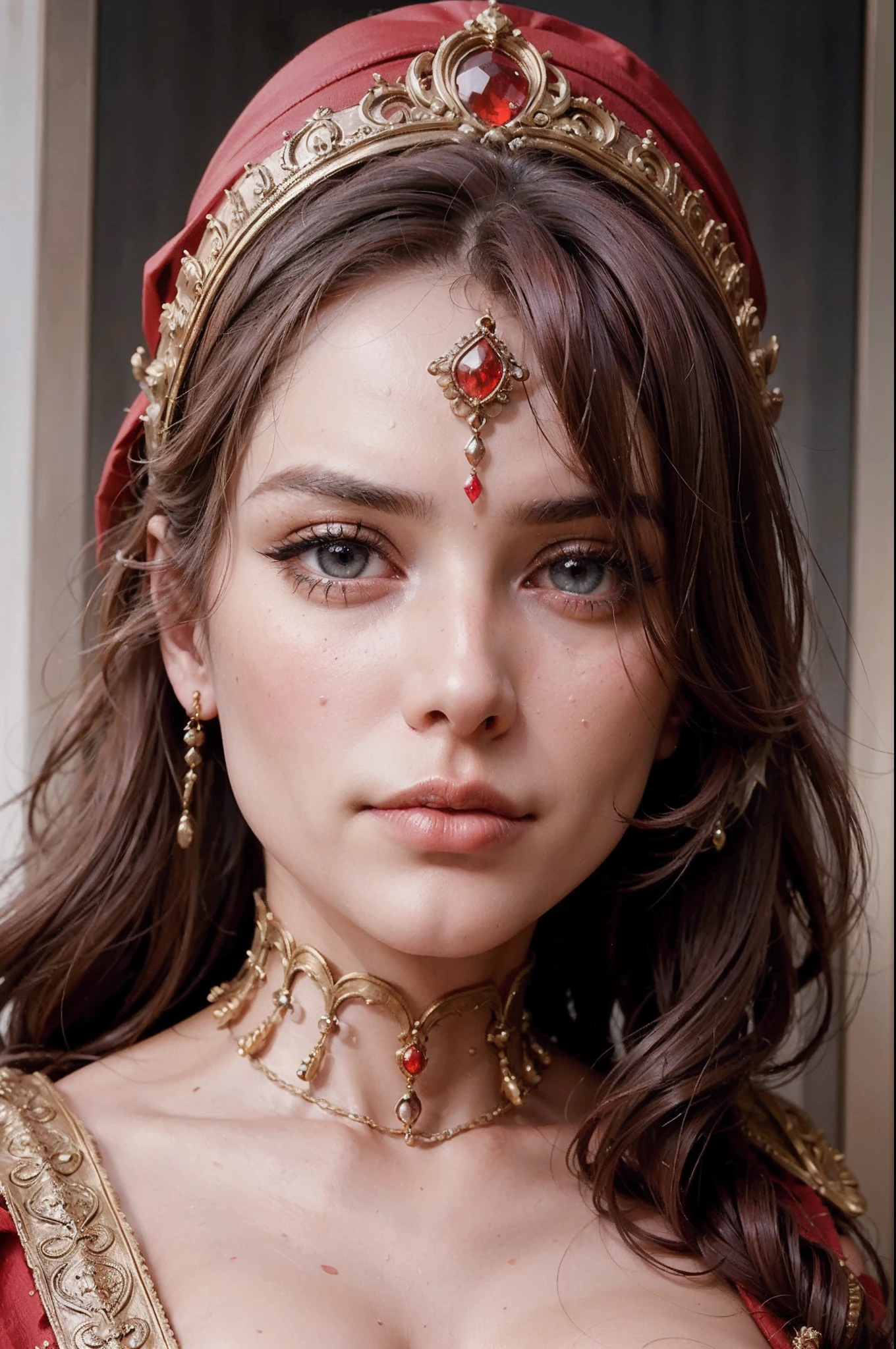 a close up of a statue of a woman with a red headdress, cinematic goddess close shot, close-up portrait goddess skull, goddess close-up portrait, beautiful intricate face, detailed beautfiul face, ornate cosplay, hyperdetailed fantasy character, extremely detailed goddess shot, detailed matte fantasy portrait, beautiful detailed face, beautiful face detail