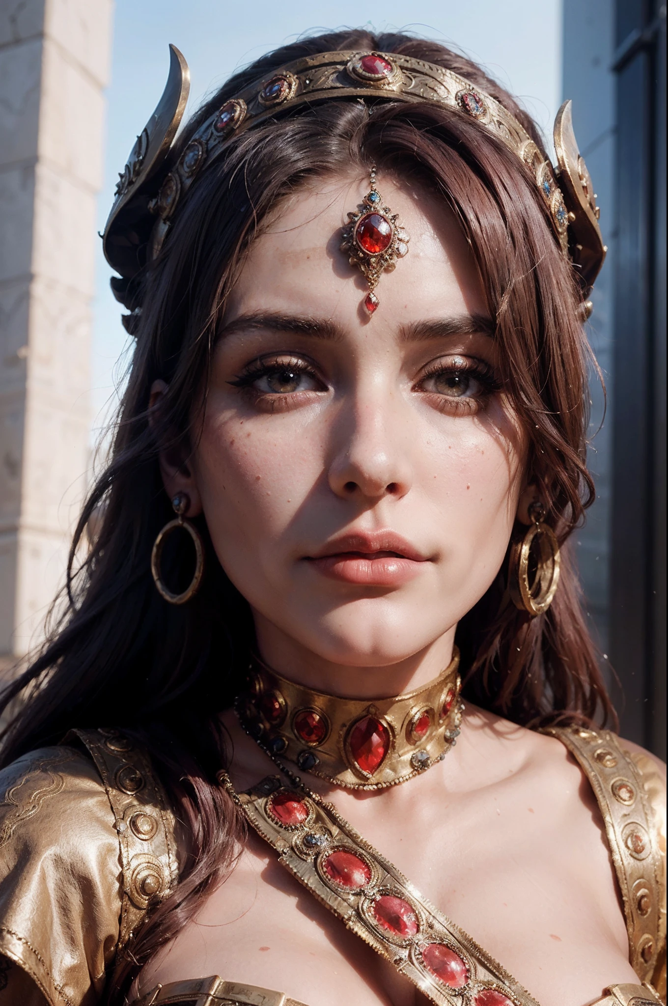 a close up of a statue of a woman with a red headdress, cinematic goddess close shot, close-up portrait goddess skull, goddess close-up portrait, beautiful intricate face, detailed beautfiul face, ornate cosplay, hyperdetailed fantasy character, extremely detailed goddess shot, detailed matte fantasy portrait, beautiful detailed face, beautiful face detail