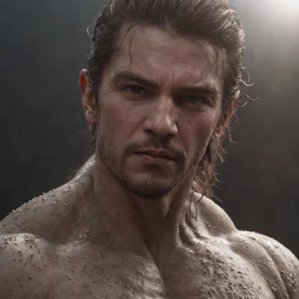 (Professional 3D rendering: 1.3) of (Realistic: 1.3) The most beautiful art photograph in the world. This artwork features soft, radiant male protagonists, including an epic hero with a robust, muscular physique, a wet and fierce countenance, long hair, a short beard, and an intense expression in a dynamic pose. The environment is fantastical, with a majestic and chaotic setting. It's a full-body portrayal in 8K resolution, capturing an action shot with intricate skin pores, very dark lighting, heavy shading, and detailed facial features. The style is vibrant, with realistic photography, a dramatically dark focus, in stunning 8K resolution. The characters wear old leather clothes influenced by harsh weather conditions, featuring intricate and weathered details. The face strongly resembles Leonardo DiCaprio. This highly detailed digital painting is created using Octane and is inspired by artists such as Loish (0.23), Wlop, Ilya Kuvshinov, Greg Rutkowski, and Alphonse Mucha. Gracias for the global illumination, studio lighting, light volumetric effects, heavy rain, floating particles, and a fantastical atmosphere. It's a masterpiece set against an ancient and dark city backdrop (1.3), appreciated by the CGSociety and ArtStation communities.