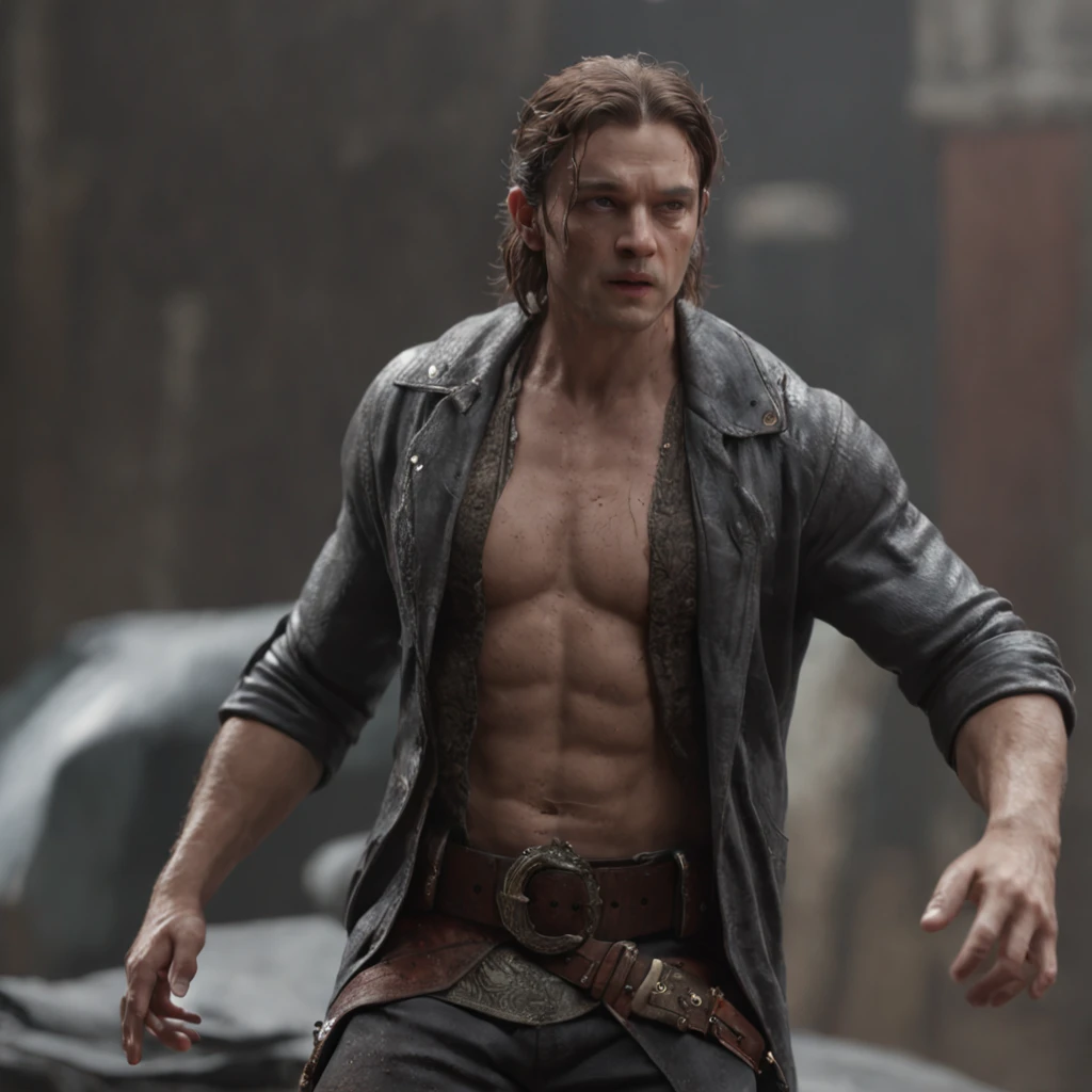 (Professional 3D rendering: 1.3) of (Realistic: 1.3) The most beautiful art photograph in the world. This artwork features soft, radiant male protagonists, including an epic hero with a robust, muscular physique, a wet and fierce countenance, long hair, a short beard, and an intense expression in a dynamic pose. The environment is fantastical, with a majestic and chaotic setting. It's a full-body portrayal in 8K resolution, capturing an action shot with intricate skin pores, very dark lighting, heavy shading, and detailed facial features. The style is vibrant, with realistic photography, a dramatically dark focus, in stunning 8K resolution. The characters wear old leather clothes influenced by harsh weather conditions, featuring intricate and weathered details. The face strongly resembles Leonardo DiCaprio. This highly detailed digital painting is created using Octane and is inspired by artists such as Loish (0.23), Wlop, Ilya Kuvshinov, Greg Rutkowski, and Alphonse Mucha. Gracias for the global illumination, studio lighting, light volumetric effects, heavy rain, floating particles, and a fantastical atmosphere. It's a masterpiece set against an ancient and dark city backdrop (1.3), appreciated by the CGSociety and ArtStation communities.