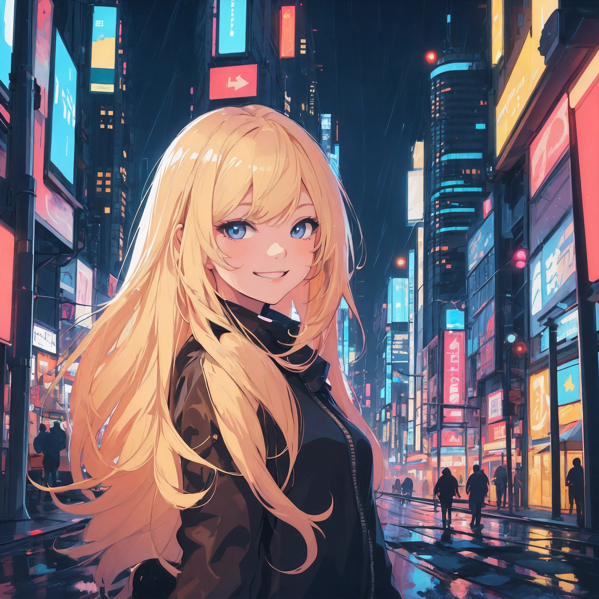 masterpiece, best quality, 1girl, long blonde hair with bangs, solo, night, colorful, cityscape, cyberpunk, light smile, city pop, vector illustration, rain