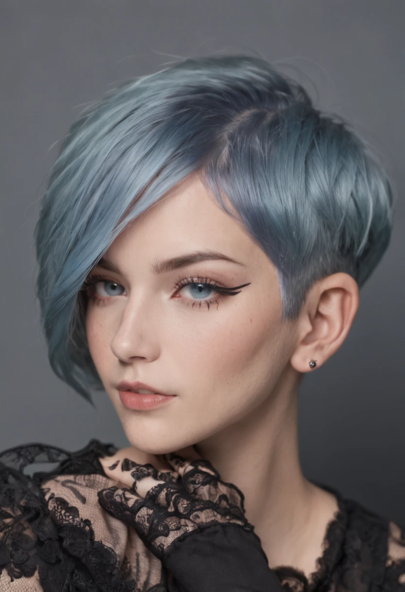 Blue-haired, short-haired, he has numerous tattoos on his body, korse, small breasts, blurlu arkaplan, 8k detay, Freckles, siyah eyeliner, black eyebrow color