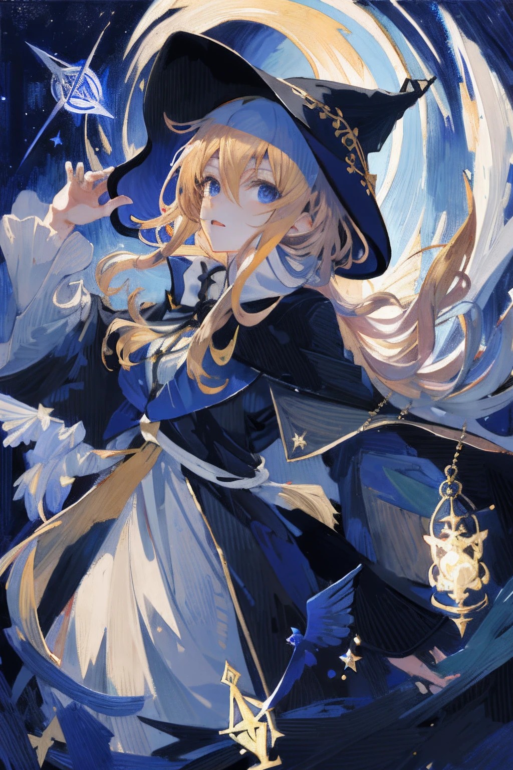 ((masutepiece:1.2, Best Quality)), 1girll, Solo, (Witch Hat), Blonde hair, Long hair, Dress, Aurora, Night, Star (skyporn), mitts, skyporn, White Dress, nigh sky, Open mouth, Starry sky, Blue eyes, bow ribbon, Very long hair, Red dress, Smile, Hair Ribbon, Cape, Blue hair, (Bird), Magic, casting spell, dark clouds, Night, (Impressionism:1.4), (tarot:1.3), Alphonse Mucha,