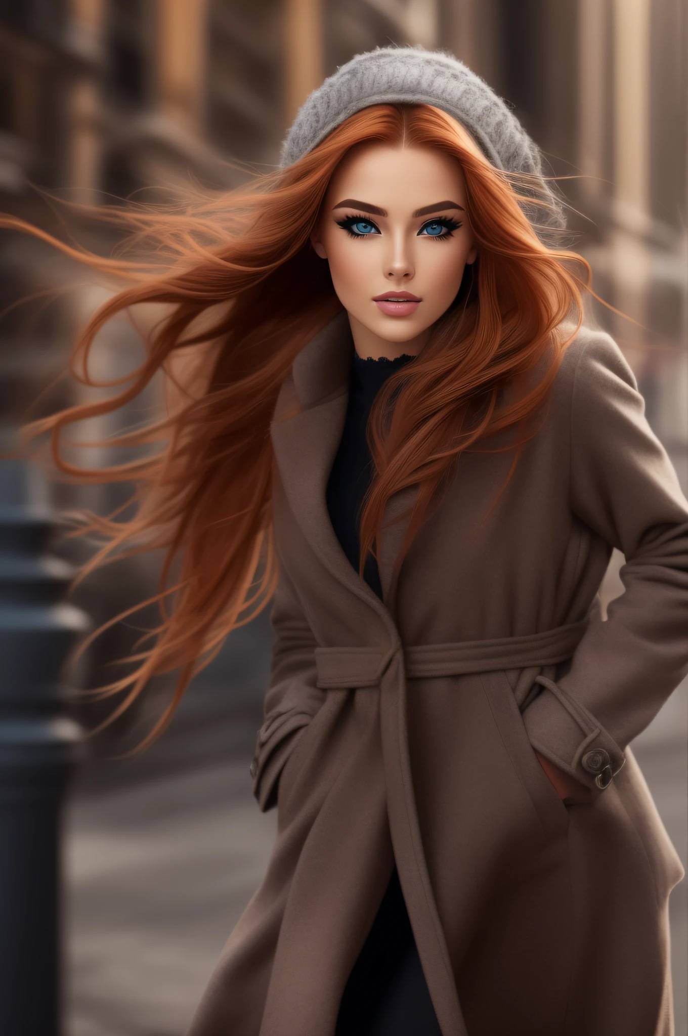 a woman with long red hair, wearing a sexy open bad coat, running in the city, realistic perfect face, beautiful woman face, glam make-up, dark eye make-up, dark brown hair and makeup, perfect face model, Arabella mist-splitter, perfect face ), beautiful lips:5 stylish, beautiful female face, attractive female face!!!, beautiful feminine face, beautiful makeup, perfect face!!