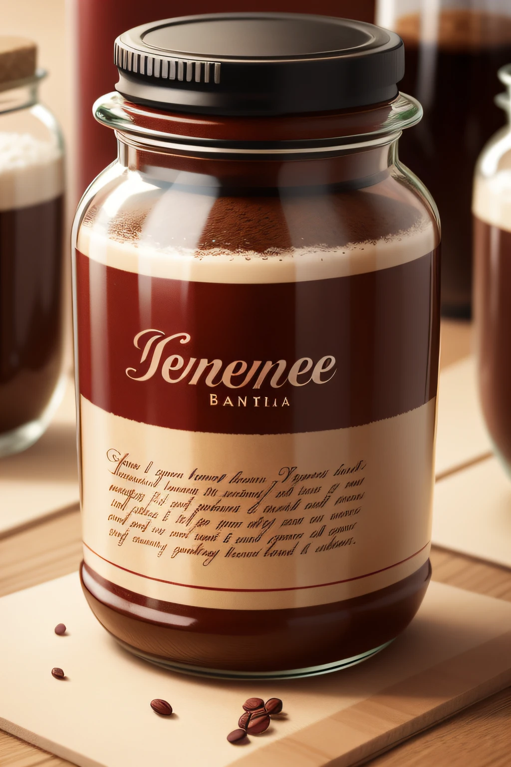 a drawing of a glass jar for coffee powder, TAMPA vermelha, para post, imagem em forma realista, frasco de vidro, Modelo ondulado, Packaging for soluble coffee, Etiqueta em branco.
