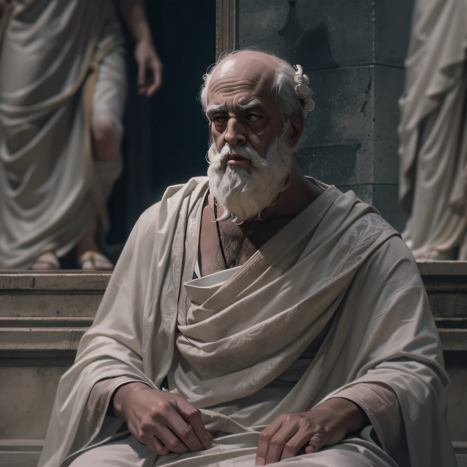 Plato's frightening Greek realist philosopher , ousado, detailed wearing a ghostly toga, fundo neutro, Moody, , fotorrealista, Jantar de filme assustador, super detalhada, Hiper realista, luzes brilhantes, 8k