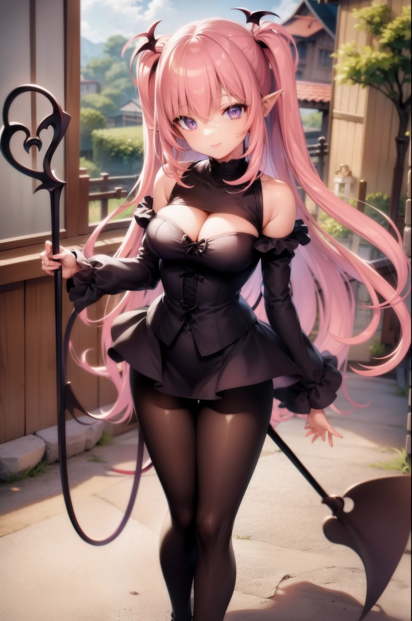 RURUMU DEMON_TAIL, standing, smile, village, pullover, pants, victorian robe, victorian skirt, staff holding