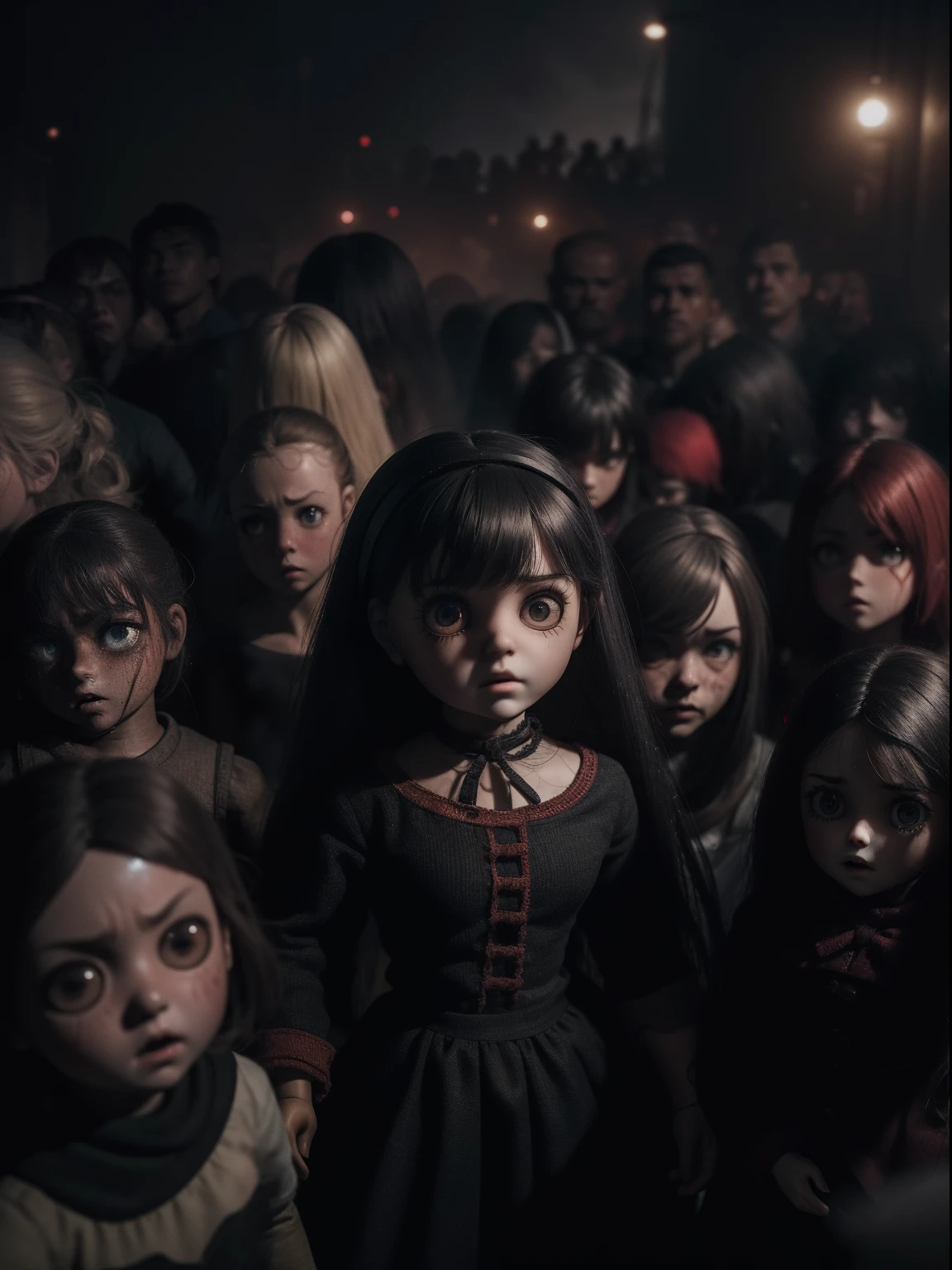 a small doll in the middle of a crowd, she is in panic as she has a phobia of crowds,horrified expression, people fighting, menacing!, thallasophobia, young angry woman, people are panicking, dark, horror, shadows, glow, 8k, high resolution (best quality, masterpiece), cinematographic, a lot of peopl