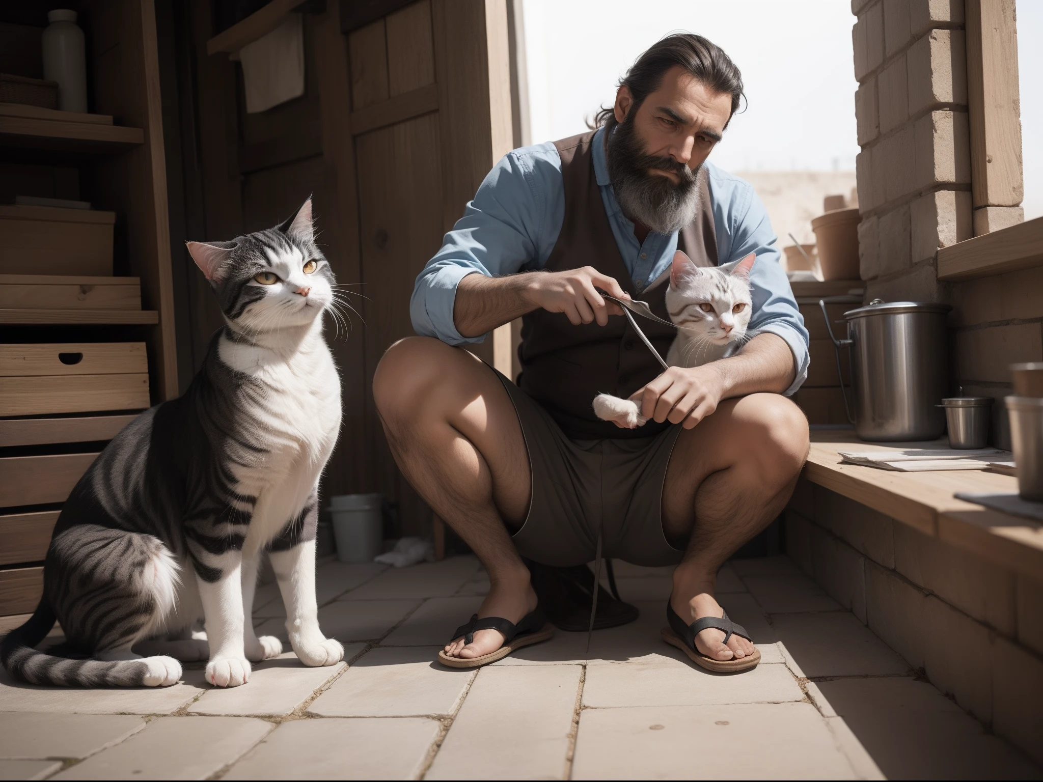 Un anciano de barbas muy largas construyendo gatos con una gran lupa