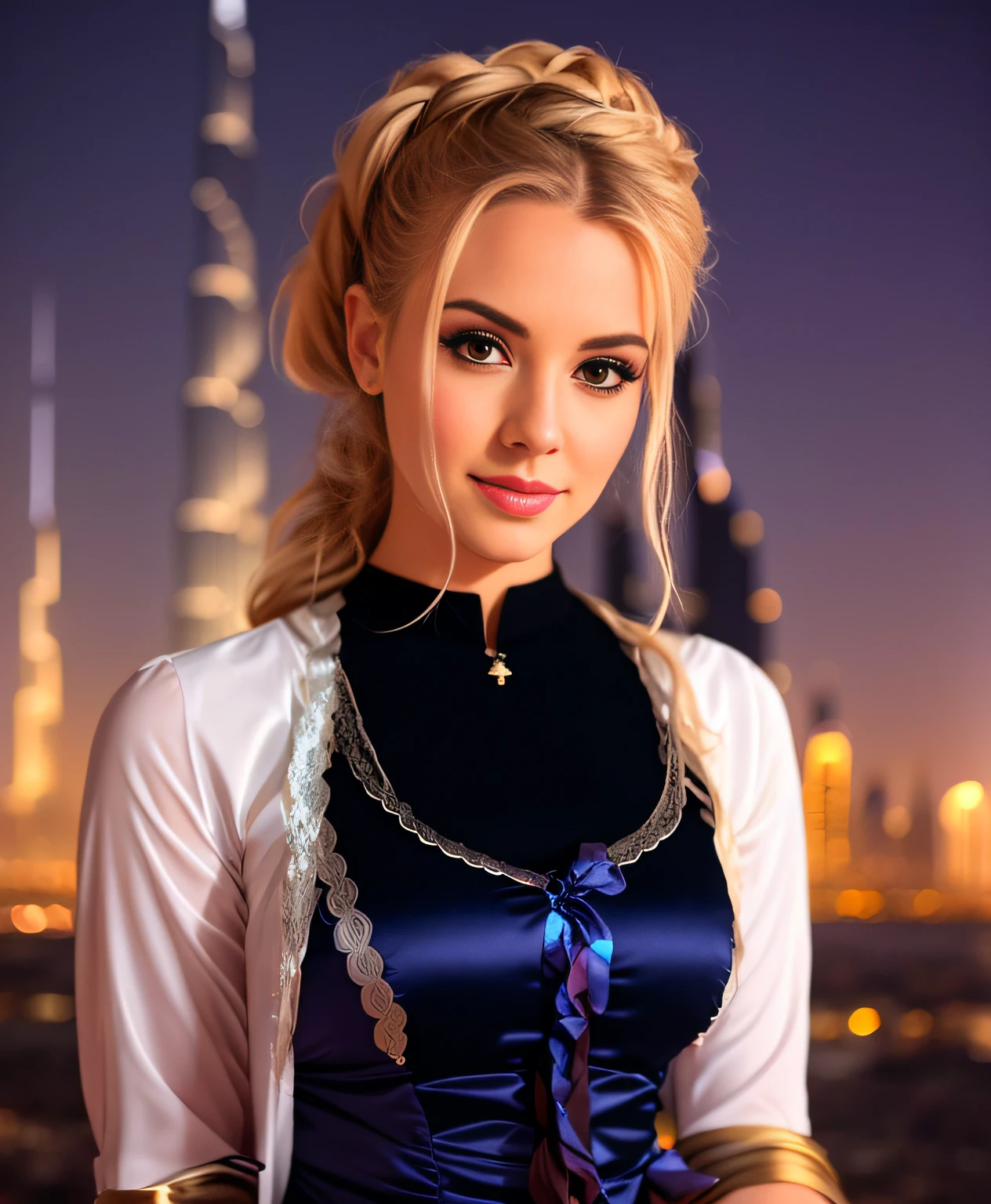 wearing a cocktail dress, standing in night scenery in front of burj khalifa