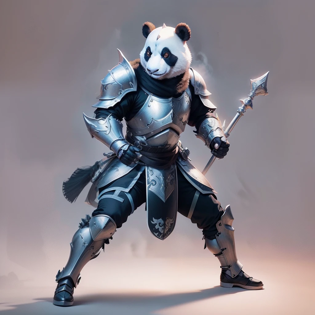 panda paladin, full body armor, holding shield and mace, battle stance, detailed, masterpiece, fantasy