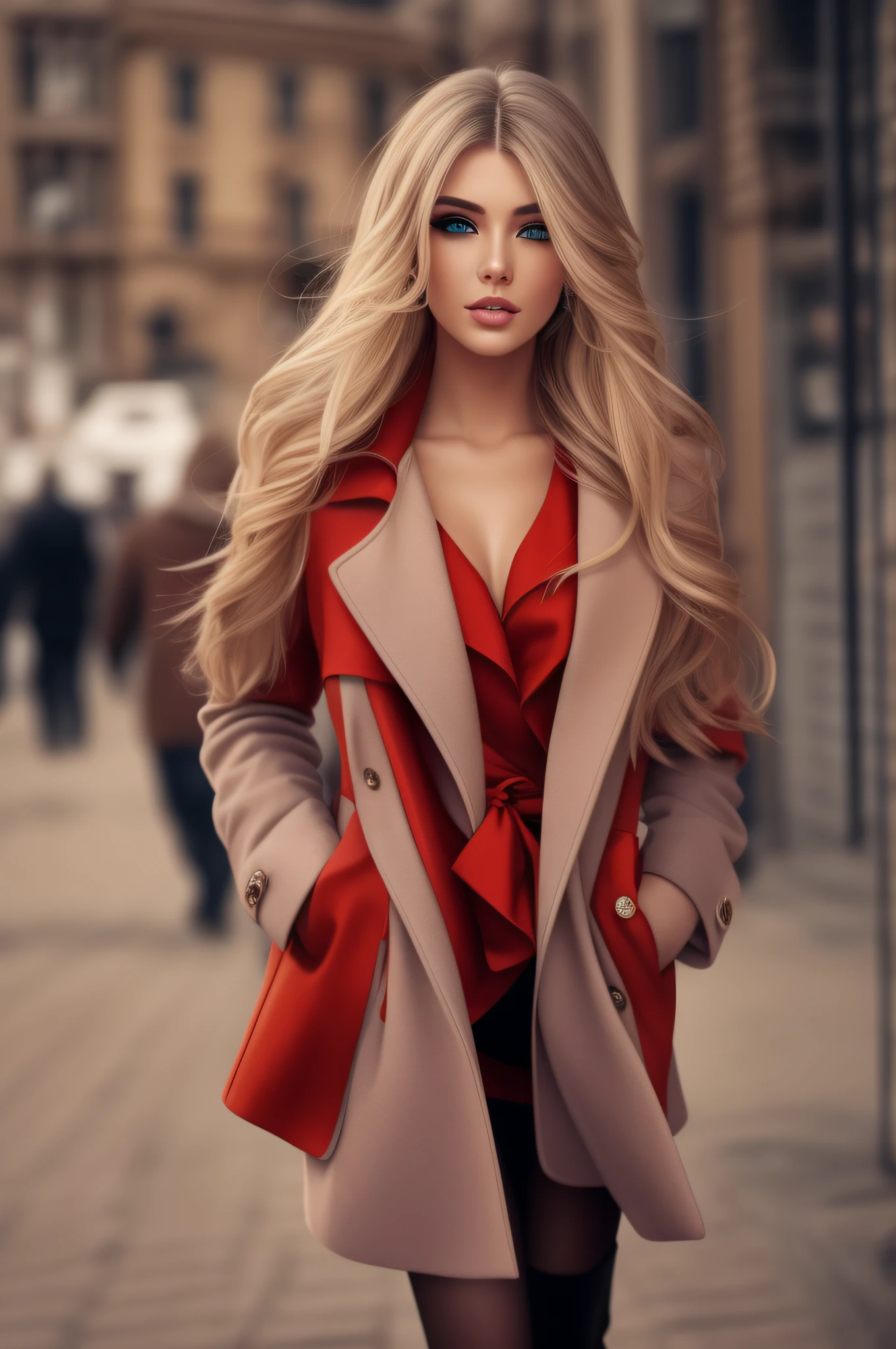 woman with long blond hair, wearing a sexy red bad coat, walking in the city, realistic perfect face, beautiful woman face, glam make-up, dark eye make-up, dark brown hair and makeup, perfect face model, Arabella mist-splitter, perfect face ), beautiful lips:5 stylish, beautiful female face, attractive female face!!!, beautiful feminine face, beautiful makeup, perfect face!!