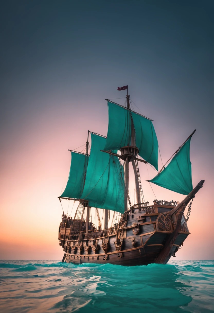 Imagine a captivating scene of a mystical pirate ship drifting in the enchanting turquoise waters of a magical kingdom. Describe the ethereal appearance of the ship, de seu intrincado, esculturas luminescentes para as velas iridescentes que captam a luz das duas luas acima. Immerse yourself in the ship's connection with the mystical energies of the sea, detailing how he harnesses these powers for propulsion and protection. Highlight the crew costume, que espelha as cores do mar, e explorar a capacidade da nave de entrar e sair da realidade, desaparecendo da vista quando o perigo se aproxima. Convey the sense of wonder and mystery that this ship brings to all who encounter it in this realm where reality and magic intertwine