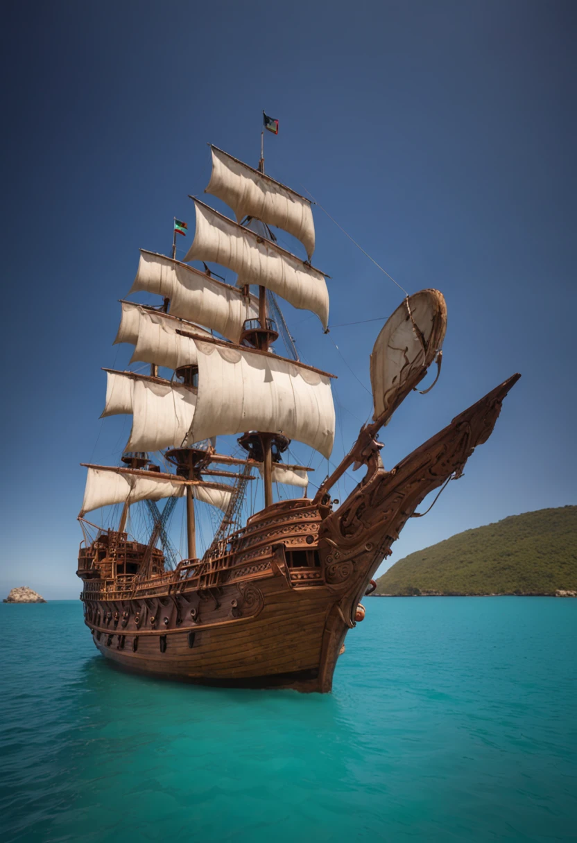 Imagine a captivating scene of a mystical pirate ship drifting in the enchanting turquoise waters of a magical kingdom. Describe the ethereal appearance of the ship, de seu intrincado, esculturas luminescentes para as velas iridescentes que captam a luz das duas luas acima. Immerse yourself in the ship's connection with the mystical energies of the sea, detailing how he harnesses these powers for propulsion and protection. Highlight the crew costume, que espelha as cores do mar, e explorar a capacidade da nave de entrar e sair da realidade, desaparecendo da vista quando o perigo se aproxima. Convey the sense of wonder and mystery that this ship brings to all who encounter it in this realm where reality and magic intertwine