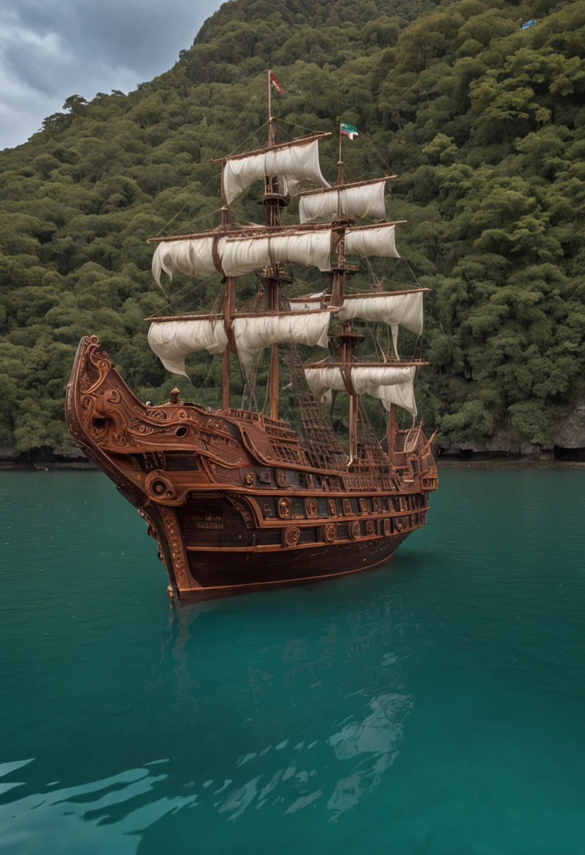 Imagine a captivating scene of a mystical pirate ship drifting in the enchanting turquoise waters of a magical kingdom. Describe the ethereal appearance of the ship, de seu intrincado, esculturas luminescentes para as velas iridescentes que captam a luz das duas luas acima. Immerse yourself in the ship's connection with the mystical energies of the sea, detailing how he harnesses these powers for propulsion and protection. Highlight the crew costume, que espelha as cores do mar, e explorar a capacidade da nave de entrar e sair da realidade, desaparecendo da vista quando o perigo se aproxima. Convey the sense of wonder and mystery that this ship brings to all who encounter it in this realm where reality and magic intertwine