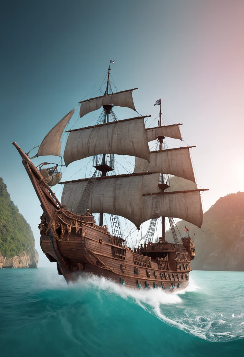 Imagine a captivating scene of a mystical pirate ship drifting in the enchanting turquoise waters of a magical kingdom. Describe the ethereal appearance of the ship, de seu intrincado, esculturas luminescentes para as velas iridescentes que captam a luz das duas luas acima. Immerse yourself in the ship's connection with the mystical energies of the sea, detailing how he harnesses these powers for propulsion and protection. Highlight the crew costume, que espelha as cores do mar, e explorar a capacidade da nave de entrar e sair da realidade, desaparecendo da vista quando o perigo se aproxima. Convey the sense of wonder and mystery that this ship brings to all who encounter it in this realm where reality and magic intertwine