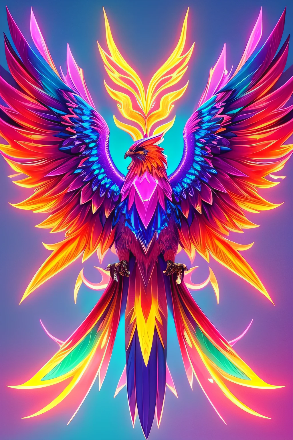 Phoenix, vibrant and majestic bird of legends, illuminated by neon lights. Crystal-made phoenix with intricate details, featuring a low poly aesthetic. A visually stunning concept art that is currently trending on ArtStation. This artwork is an absolute masterpiece, boasting the highest level of quality.