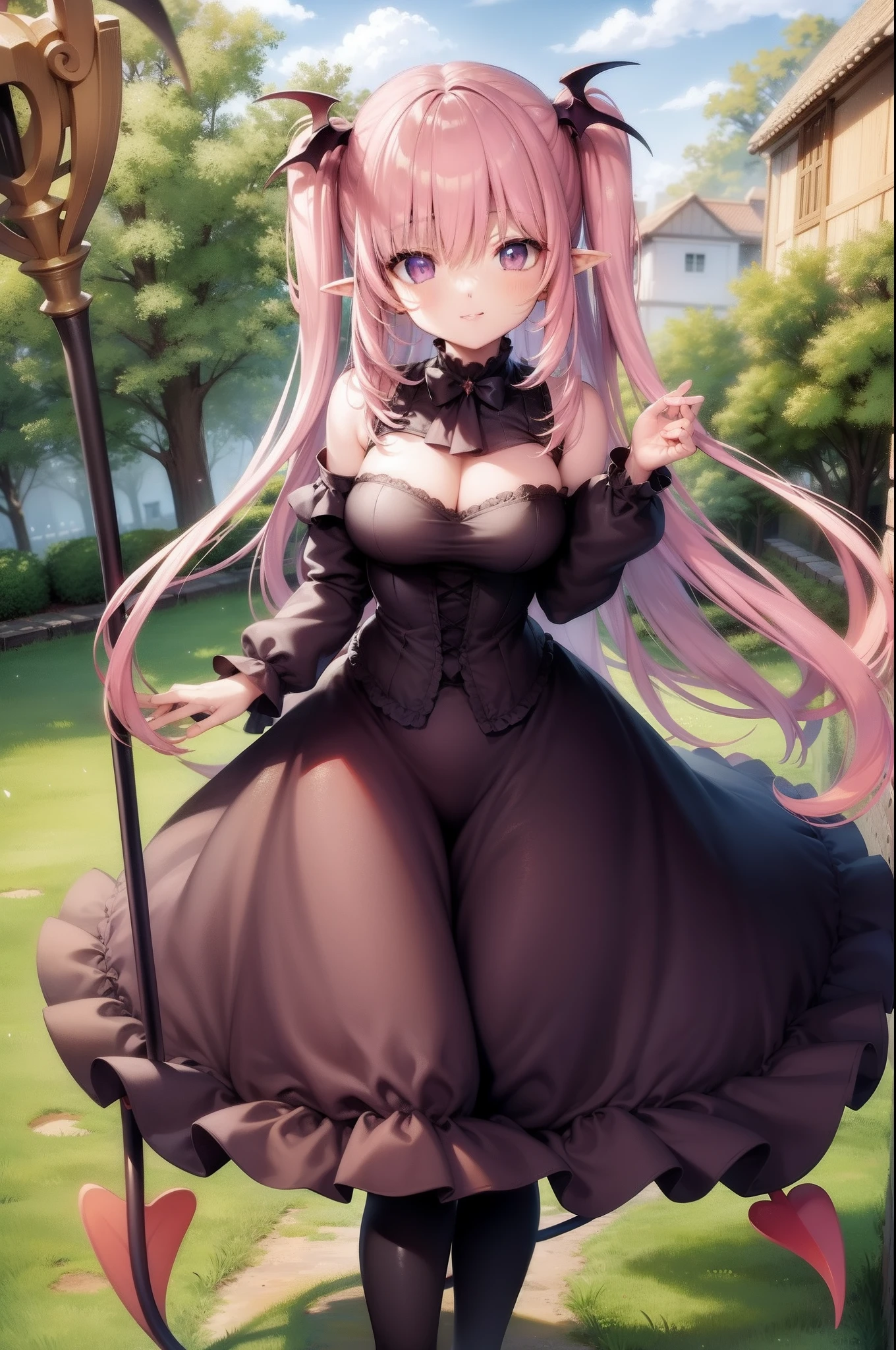 RURUMU DEMON_TAIL, standing, smile, village, pullover, pants, victorian robe, victorian skirt, staff holding