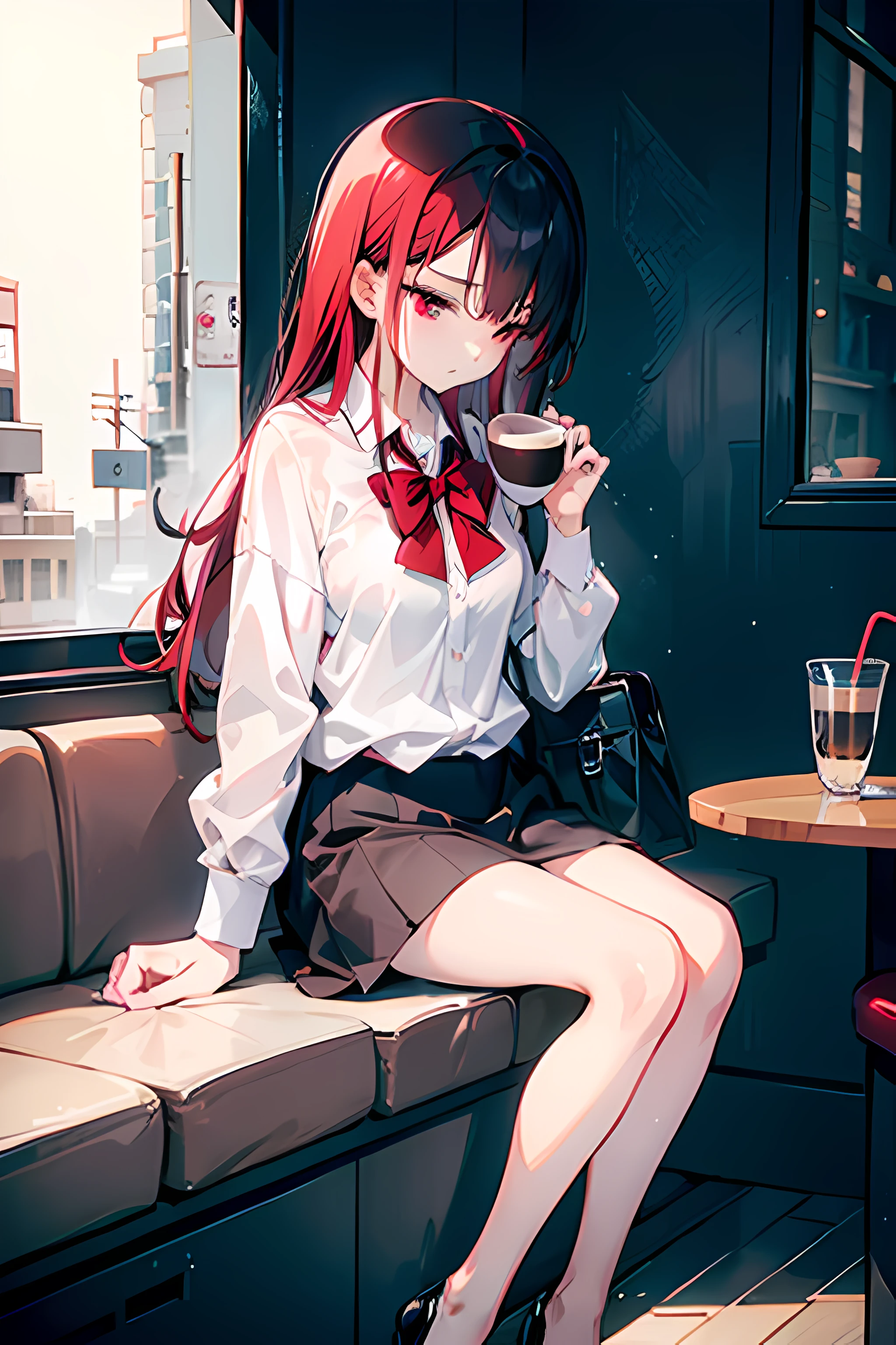 "Sleepy girl with red eyes, slender legs, drowsy expression, sipping espresso.