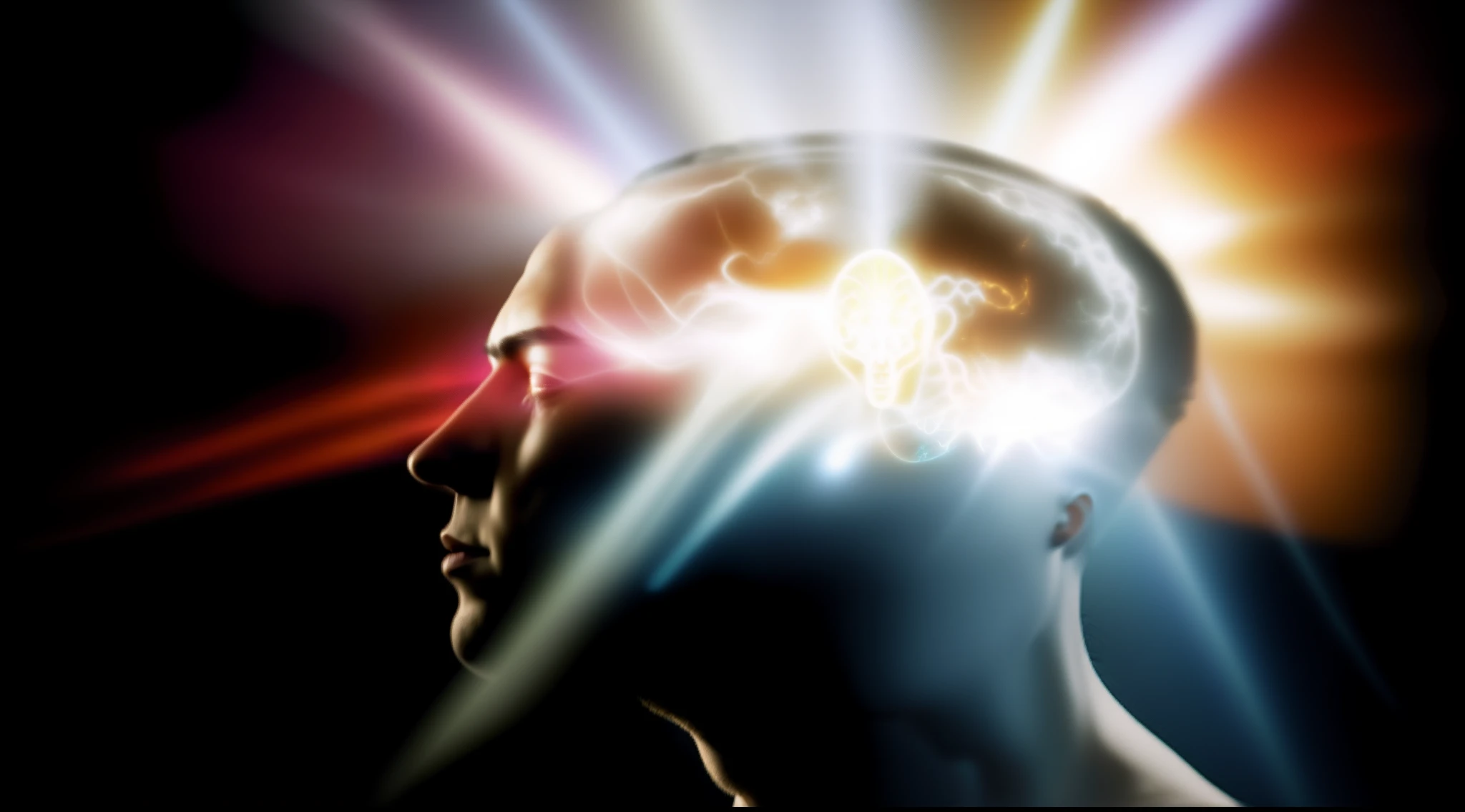 Image of a man with a light shining on his head, consciousness projection, detailed glowing head, Esclarecedor, emitting psychic powers, Quem pode abrir a mente, head exploding, glowing head, emanating and flowing energy, they reach into his mind, spiritual lighting, estimulante nootropic, mind exploration, Mystical Light, brain visible, neuroscience, raio mental