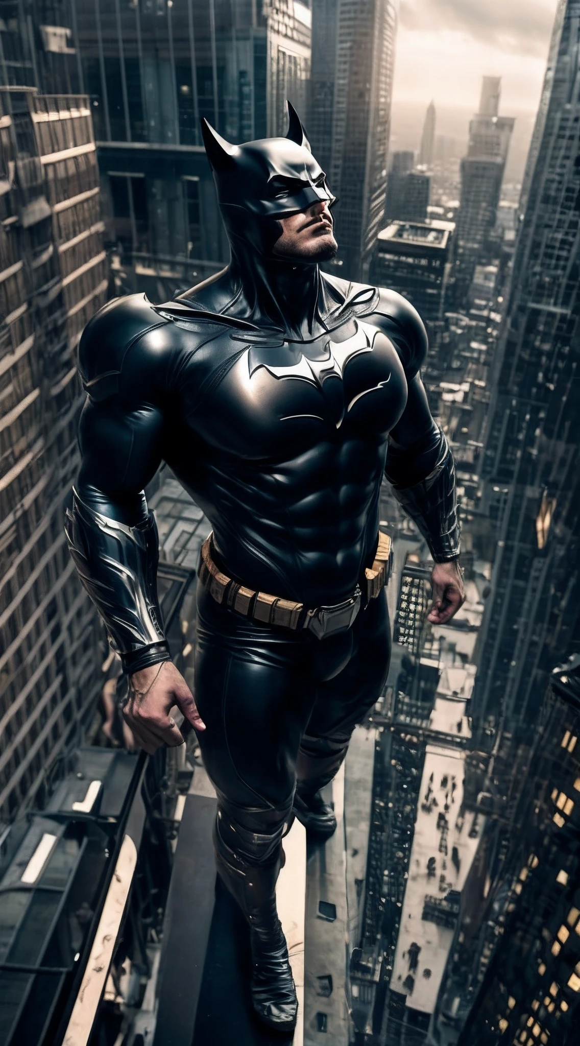 Buff huge 400 lbs bodybuilder muscular Batman standing on a balcony and looking up toward the top-right, HDR, night, looking up, wearing large cape, dark, moonlight, dystopian, gritty, masterpiece, unique, amazing, detailed, futuristic