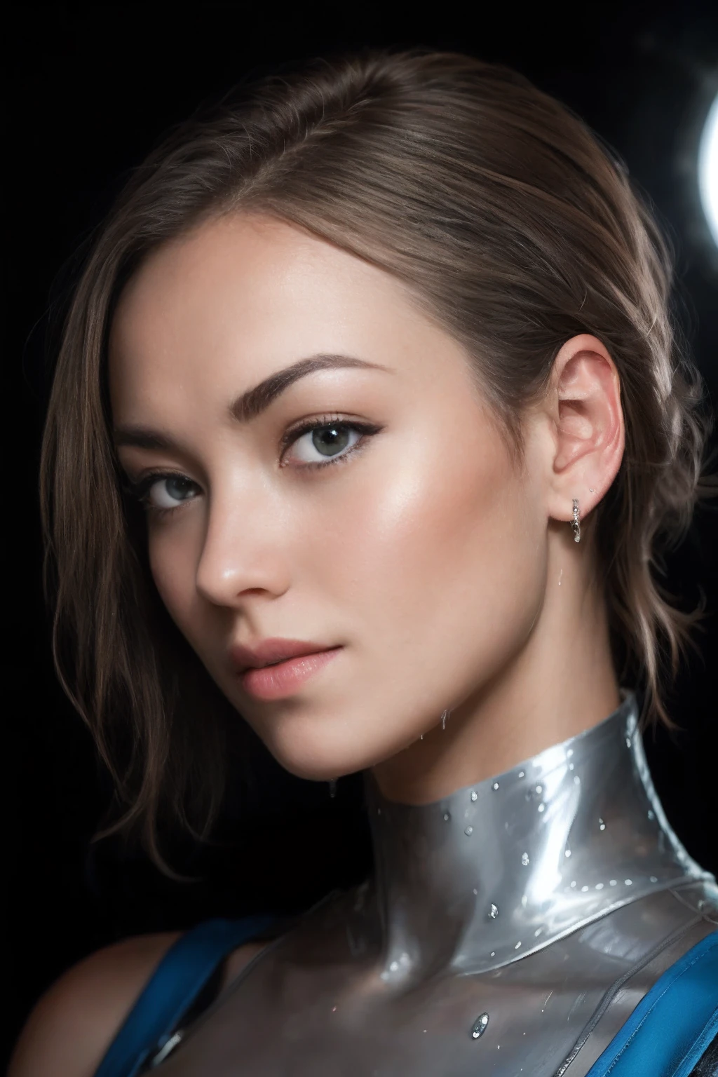 Photo of yvonne strahovski at the in a mech suit, solo, blue eyes, reverse bob haircut, shiny skin, WET skin, shiny glossy skin, glossy skin, oily skin, black background headshot, warm atmosphere, photograph, photoshoot, Captured by Panavision Panaflex Platinum Camera with Panavision Primo Primes Spherical Lens 75mm T1.9