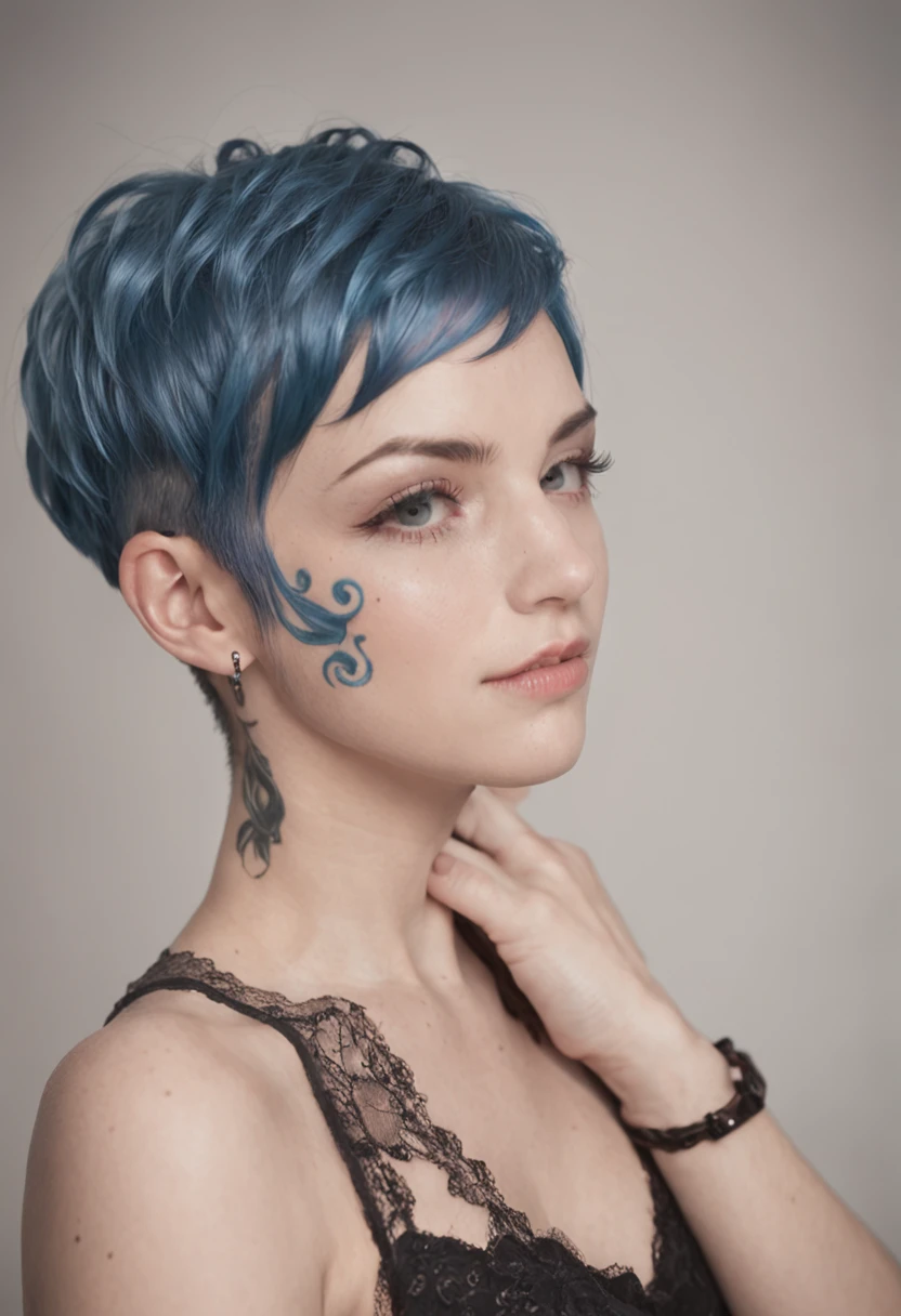 Blue-haired, short-haired, he has numerous tattoos on his body, korse, small breasts, blurlu arkaplan, 8k detay, Freckles, siyah eyeliner, black eyebrow color, whole body, looking at the audience