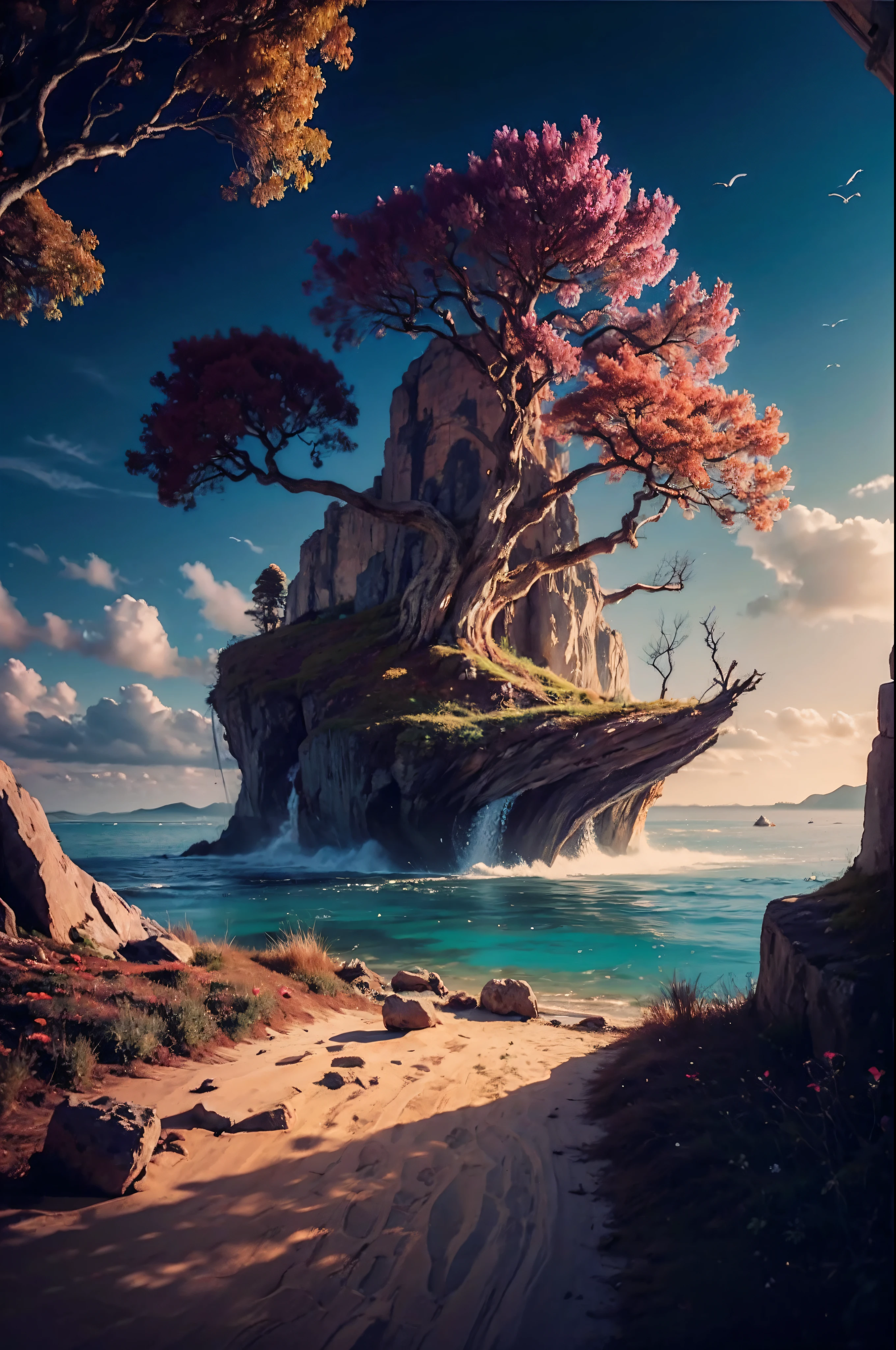 lanscape, 8k potrait of beautiful landscape with woman standing back, intricate, elegant, point of interest photography, perfect natural lighting (masterpiece, sidelighting, finely detailed beautiful lanscape), long hair, realistic lots of hair, realistic suit, realistic mountain, realistic sky, beautiful sky, ray of light, rule of third photography, point of interest photography, perfect lanscape color tone, realistic lake, realistic flower, realistic grass, realistic climb, realistic tree, sureal photography,